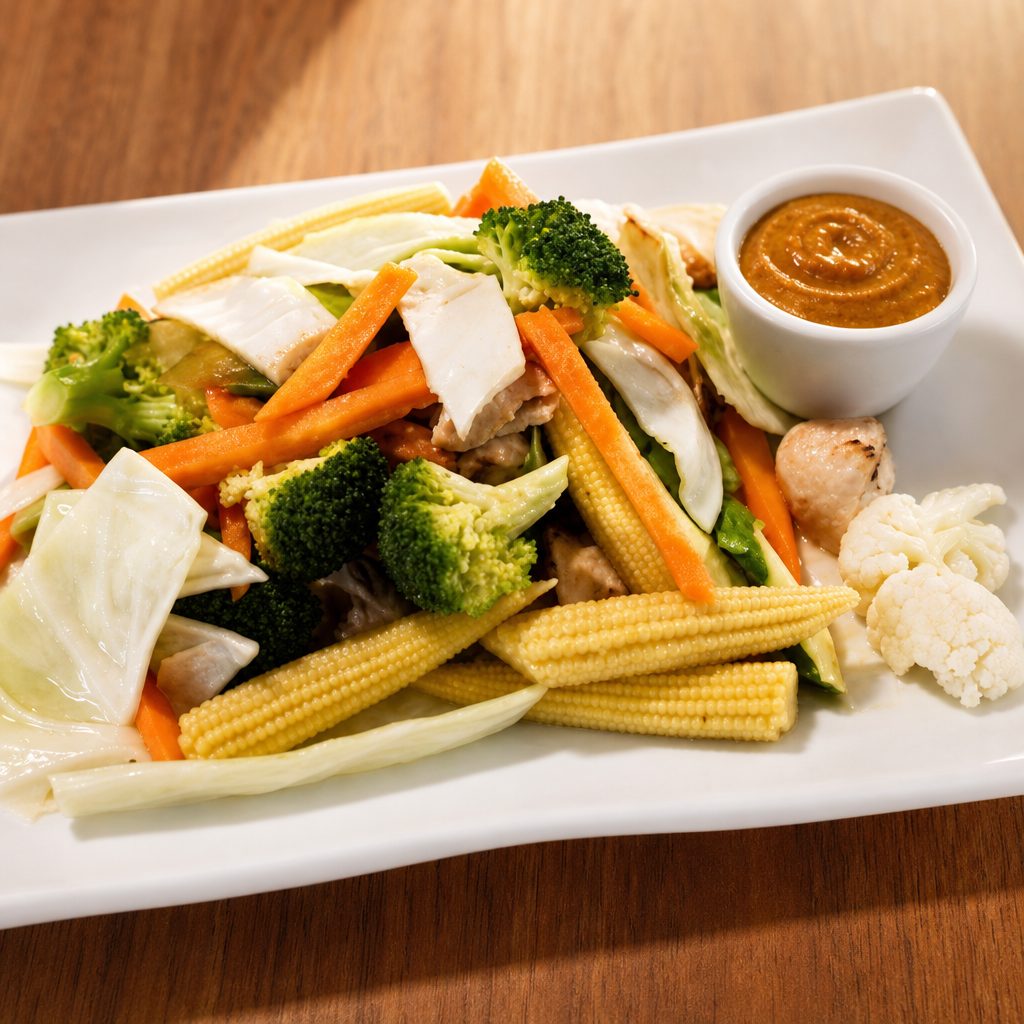 Steamed Mixed Vegetables w/Peanut Sauce.